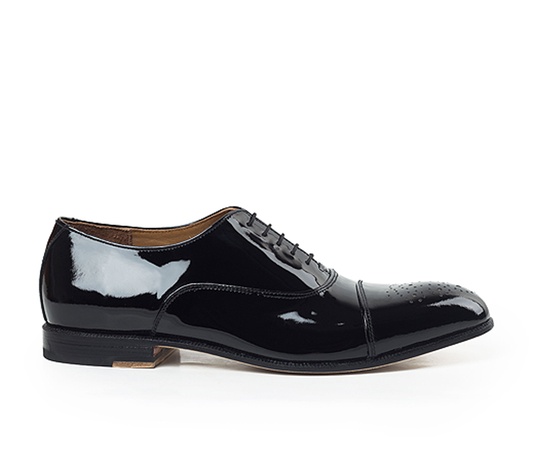 Handmade Black Color Original Patent Leather Stylish Oxfords Lace Up Cap Toe Brogue Shoes For Men's