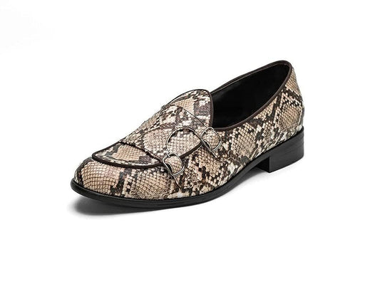 Handmade Original Snake Skin Textured Leather Apron Toe Belgian Monk Strap Shoes For Men's