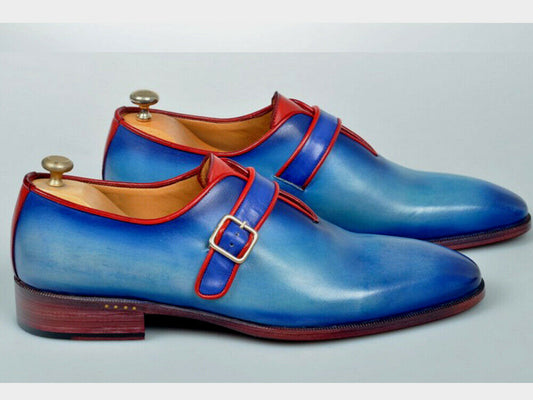Handmade Blue Color Genuine Calf Leather Stylish Monk Strap Dress Shoes For Men's
