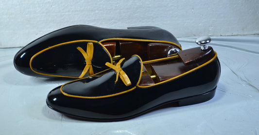 Handmade Black Color Genuine Patent Leather Stylish Apron Toe Loafers Shoes For Men's
