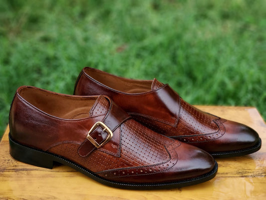 Handmade Maroon Color Genuine Leather Dotted Stylish Wing Tip Oxfords Shoes For Men's