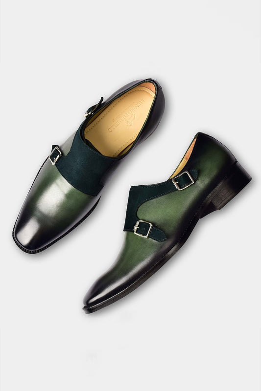Handmade Dark Green & Black Shaded Color Genuine Alligator Textured Leather Slip On Tasseled Stylish Brogue Shoes For Men's