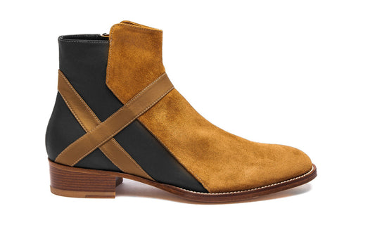 Handmade Black & Brown Genuine Leather & Suede High Ankle Stylish Side Zipper Boots For Men's