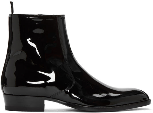 Handmade Black Color Genuine Patent Leather Stylish Ankle Side Zipper Boots For Men's