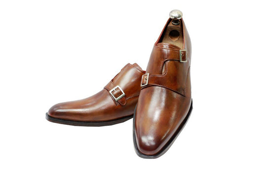 Handmade Tan Brown Color Leather Stylish Double Buckle Strap Shoes For Men's