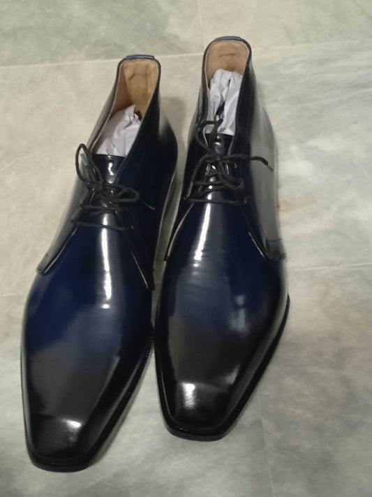 Handmade Navy Blue Color Genuine Patent Leather Stylish Chukka Lace Up Boots For Men's