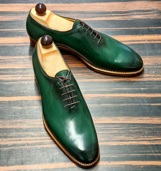 Handmade Green Color Original Calf Leather Whole Cut Stylish Oxfords Lace Up Dress Shoes For Men's
