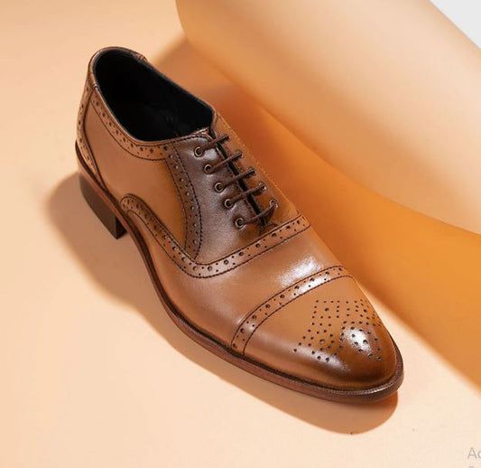 Handmade Tan Color Genuine Leather Brogue's Cap Toe Lace Up Stylish Oxfords Dress Shoes For Men's