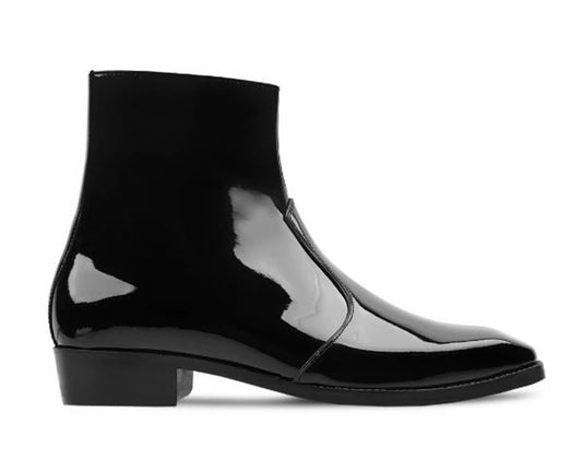 Handmade Black Shiny Genuine Patent Leather High Ankle Stylish Side Zipper Boots For Men's