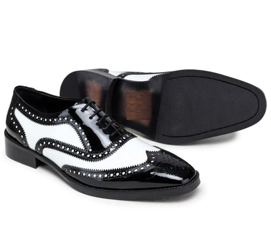 Handmade Black & White Color Patent Leather Wing Tip Brogues Stylish Oxfords Dress Shoes For Men's