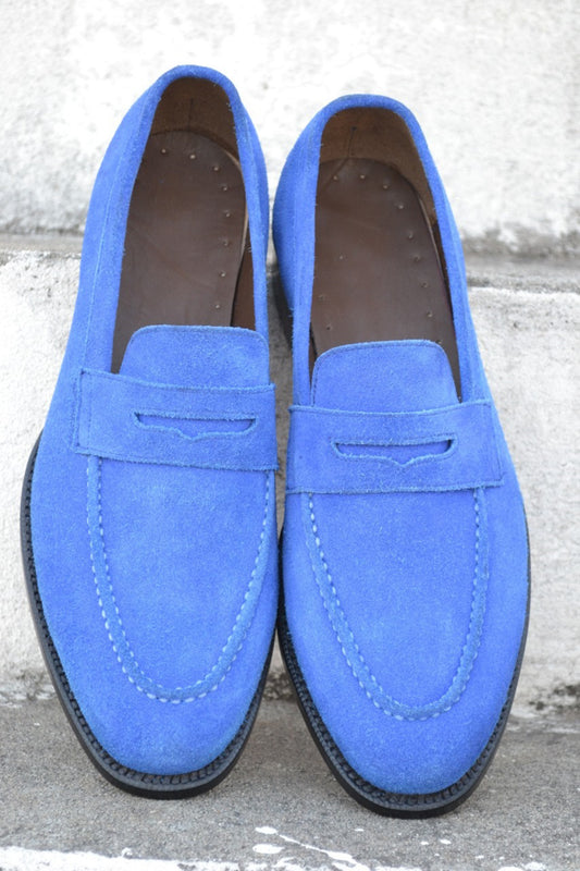 Handmade Blue Color Genuine Suede Stylish Apron Toe Loafers Shoes For Men's