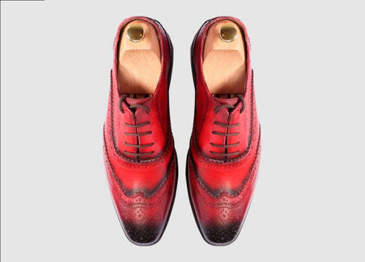 Handmade Red Color Genuine Leather Brogue's Wing Tip Lace Up Stylish Oxfords Dress Shoes For Men's