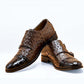 Handmade Brown & Black Color Original Alligator & Ostrich Textured Leather Stylish Cap Toe Monk Strap Shoes For Men's