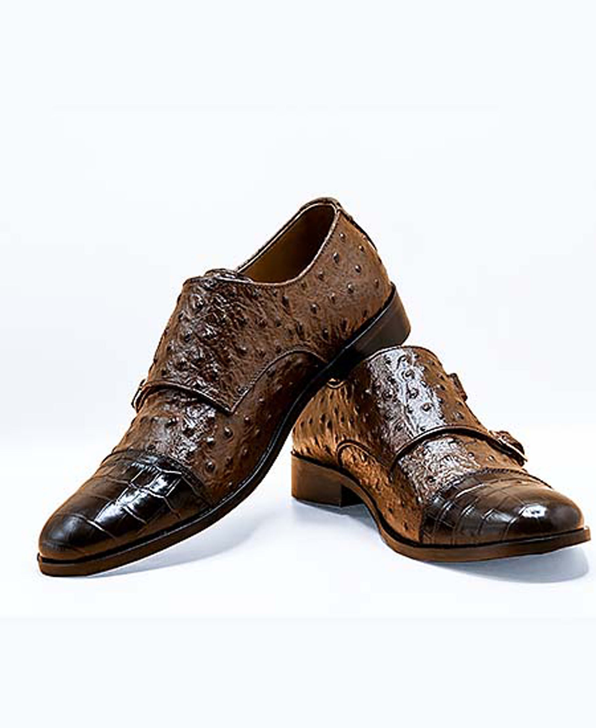 Handmade Brown & Black Color Original Alligator & Ostrich Textured Leather Stylish Cap Toe Monk Strap Shoes For Men's