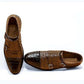 Handmade Brown & Black Color Original Alligator & Ostrich Textured Leather Stylish Cap Toe Monk Strap Shoes For Men's