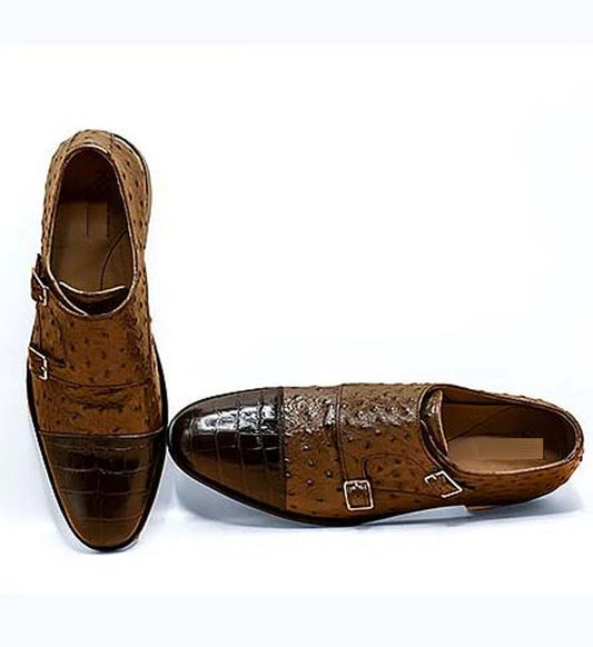 Handmade Brown & Black Color Original Alligator & Ostrich Textured Leather Stylish Cap Toe Monk Strap Shoes For Men's