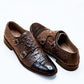 Handmade Brown & Black Color Original Alligator & Ostrich Textured Leather Stylish Cap Toe Monk Strap Shoes For Men's