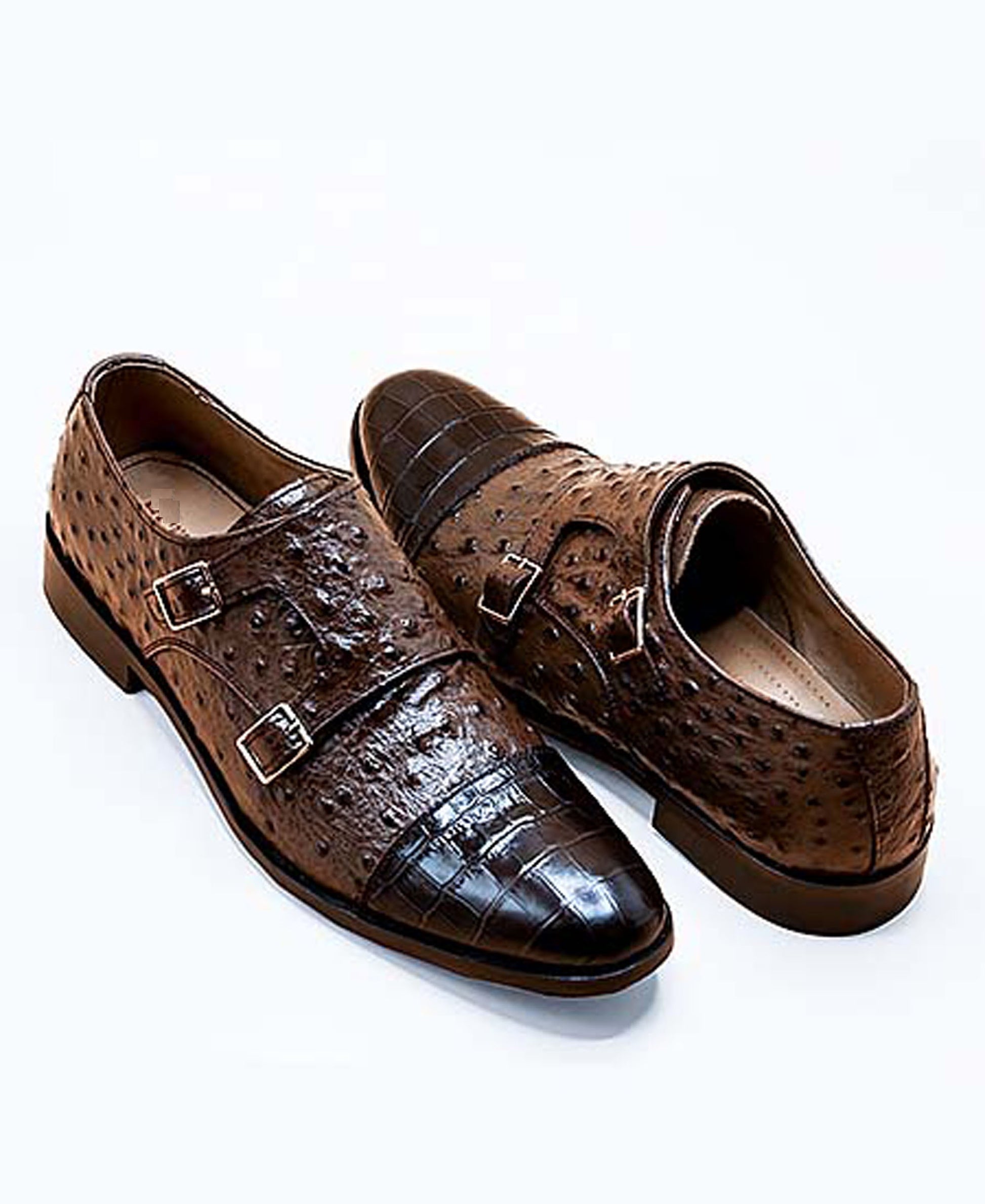 Handmade Brown & Black Color Original Alligator & Ostrich Textured Leather Stylish Cap Toe Monk Strap Shoes For Men's