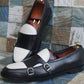 Handmade White & Black Color Original Calf Leather Stylish Belgian  Monk Strap Apron Toe  Shoes For Men's