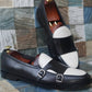Handmade White & Black Color Original Calf Leather Stylish Belgian  Monk Strap Apron Toe  Shoes For Men's