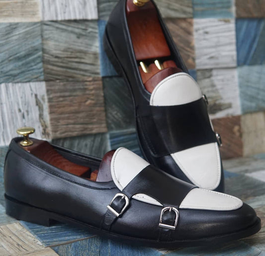 Handmade White & Black Color Original Calf Leather Stylish Belgian  Monk Strap Apron Toe  Shoes For Men's