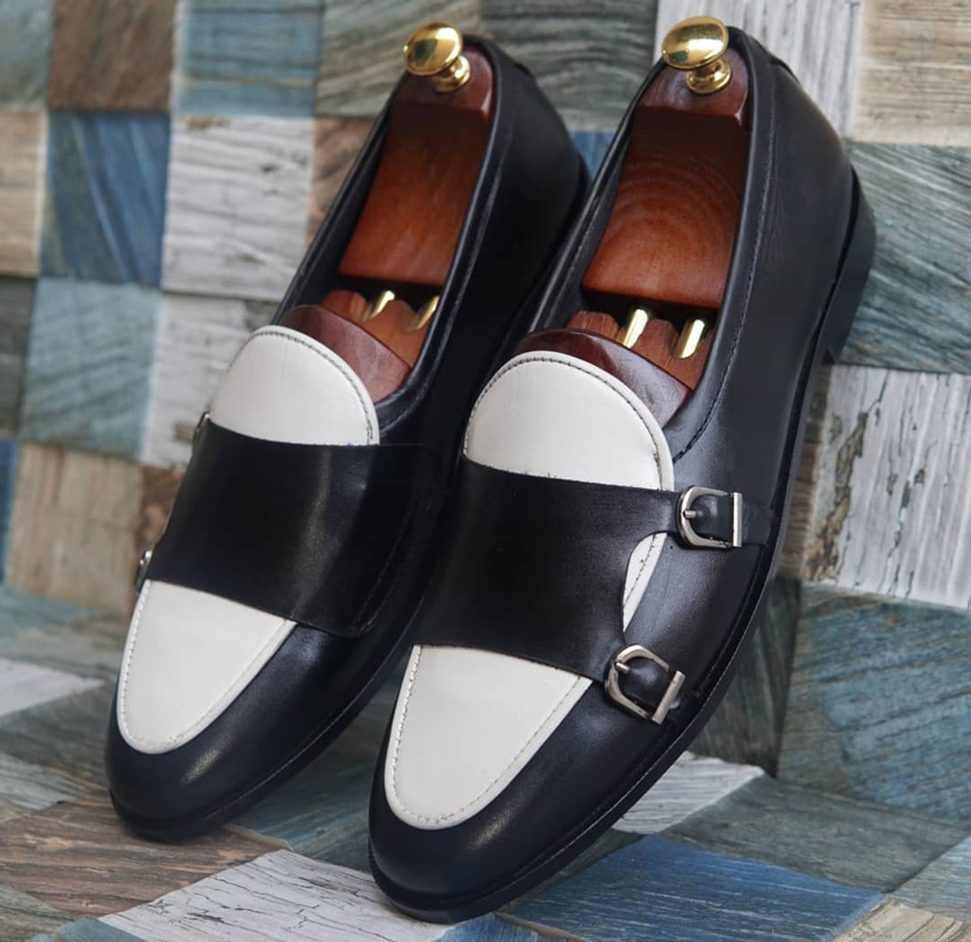 Handmade White & Black Color Original Calf Leather Stylish Belgian  Monk Strap Apron Toe  Shoes For Men's