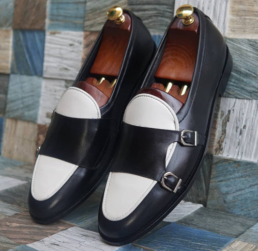 Handmade White & Black Color Original Calf Leather Stylish Belgian  Monk Strap Apron Toe  Shoes For Men's