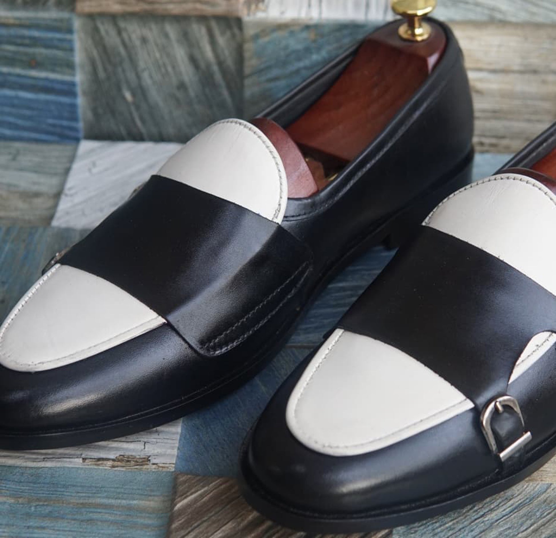 Handmade White & Black Color Original Calf Leather Stylish Belgian  Monk Strap Apron Toe  Shoes For Men's