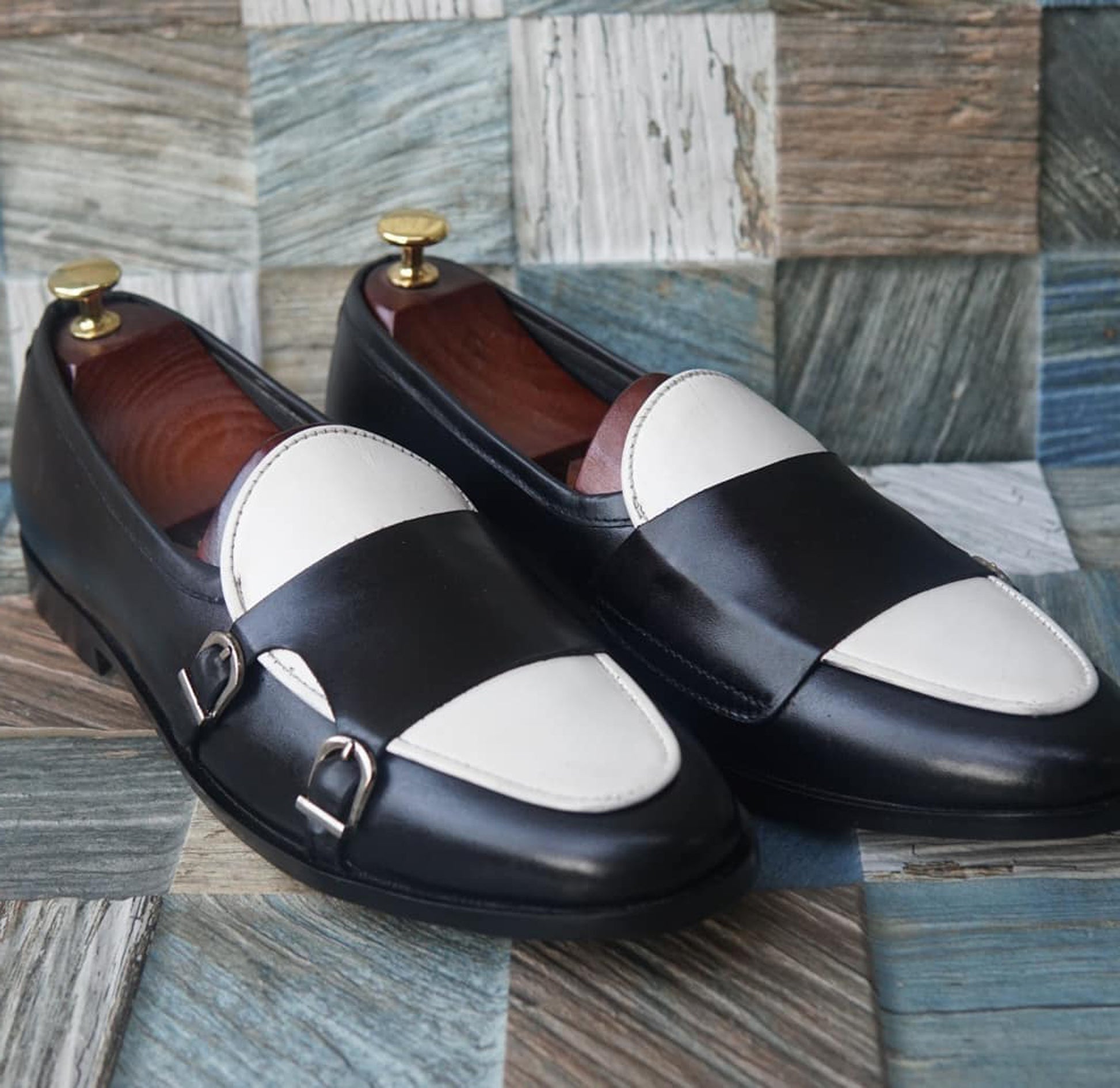 Handmade White & Black Color Original Calf Leather Stylish Belgian  Monk Strap Apron Toe  Shoes For Men's