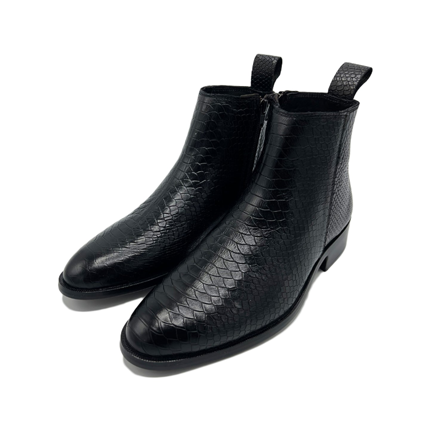 Handmade Black Color Genuine Snake Skin Textured Leather Half Ankle Stylish Chelsea + Side Zipper Boots For Men's