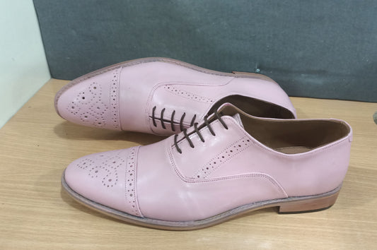 Handmade Baby Pink Color Genuine Leather Cap Toe Brogues Stylish Oxfords Dress Shoes For Men's