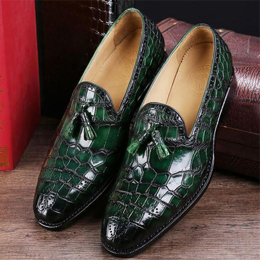 Handmade Dark Green & Black Shaded Color Genuine Alligator Textured Leather Slip On Tasseled Stylish Brogue Shoes For Men's