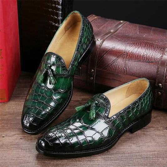 Handmade Dark Green & Black Shaded Color Genuine Alligator Textured Leather Slip On Tasseled Stylish Brogue Shoes For Men's