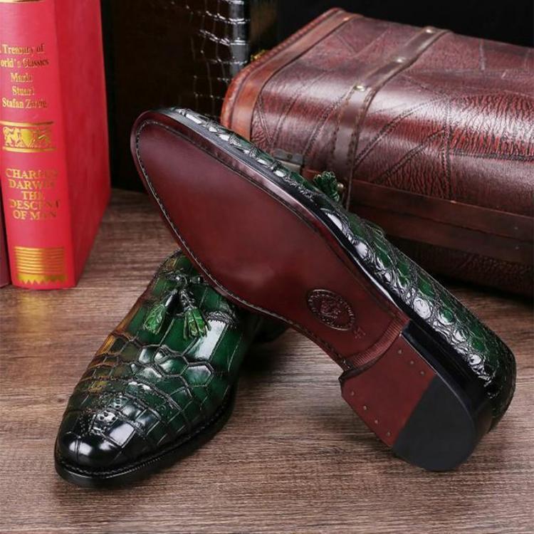 Handmade Dark Green & Black Shaded Color Genuine Alligator Textured Leather Slip On Tasseled Stylish Brogue Shoes For Men's