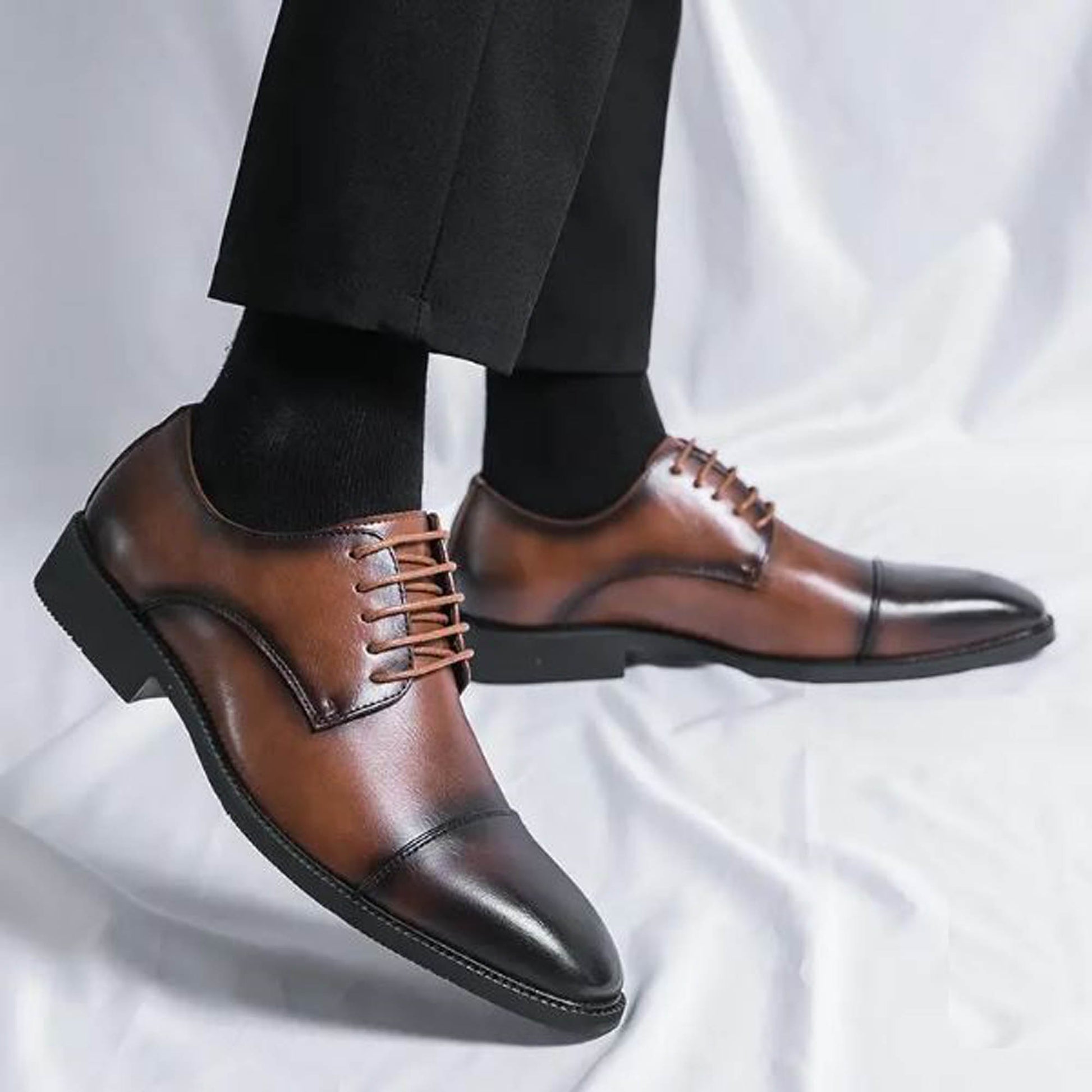 Handmade Brown Color Genuine Leather Cap Toe Black Shaded Stylish Oxfords Dress Shoes For Men's