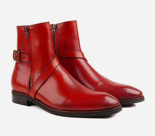 Handmade Red Color Genuine Calf Leather High Ankle Stylish Two Side Zipper Boots For Men's