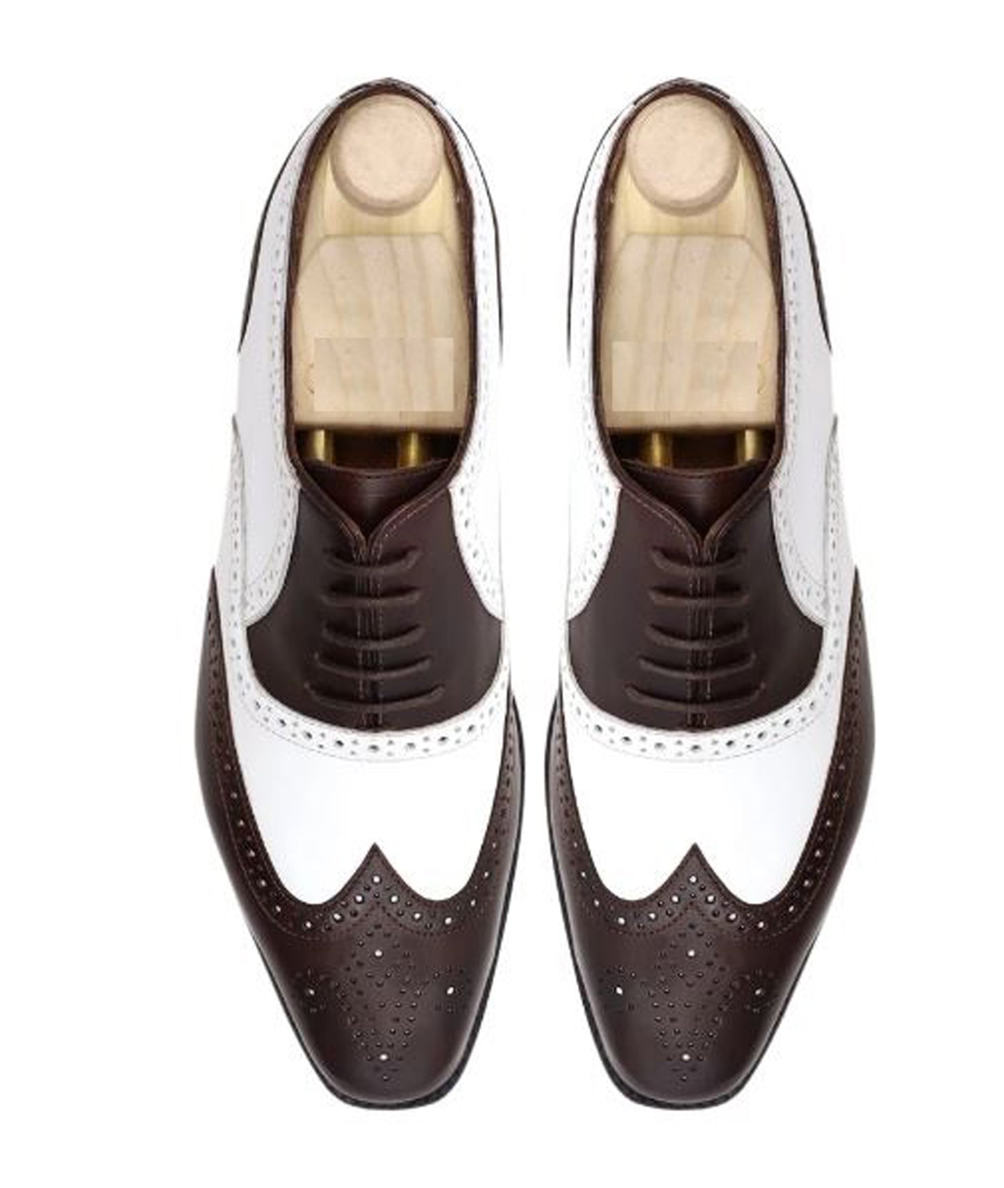 Handmade White & Black Color Genuine Leather Wing Tip Brogues Stylish Oxfords Dress Lace Up Shoes For Men's