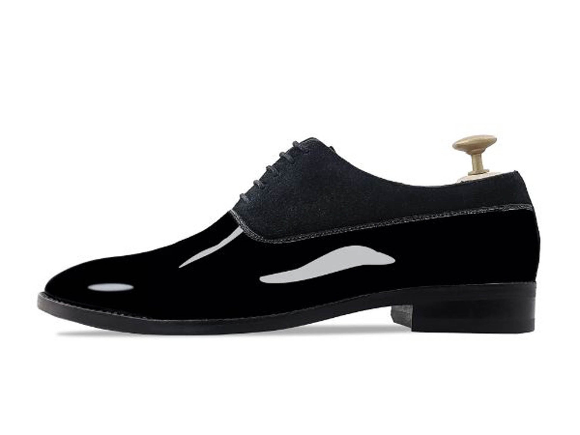 Handmade Black Color Original Patent Leather & Suede Stylish Oxfords Lace Up Derby Shoes For Men's