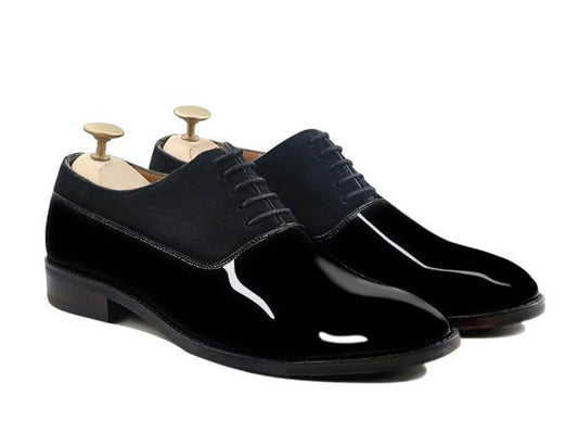 Handmade Black Color Original Patent Leather & Suede Stylish Oxfords Lace Up Derby Shoes For Men's