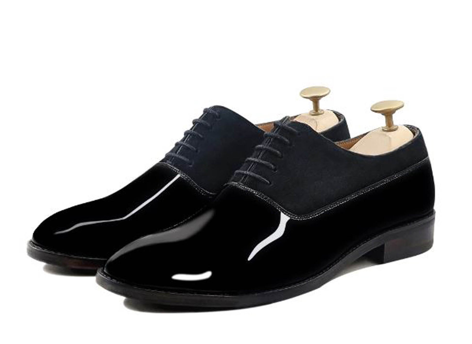 Handmade Black Color Original Patent Leather & Suede Stylish Oxfords Lace Up Derby Shoes For Men's