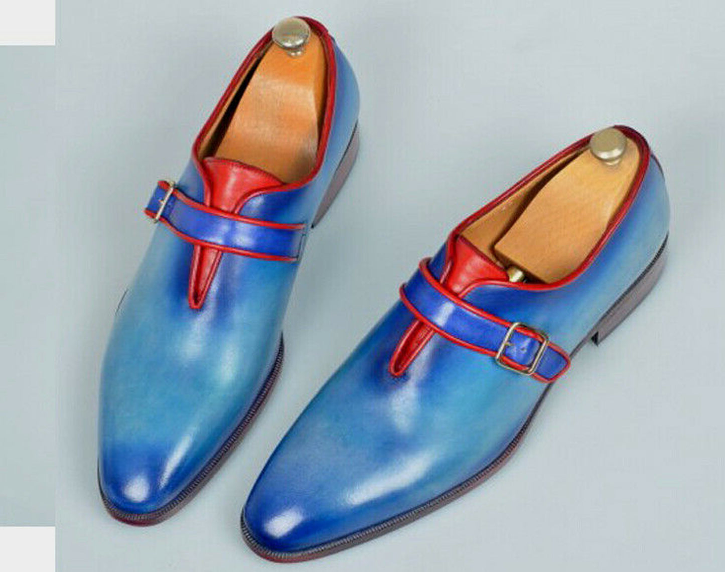 Handmade Blue Color Genuine Calf Leather Stylish Monk Strap Dress Shoes For Men's