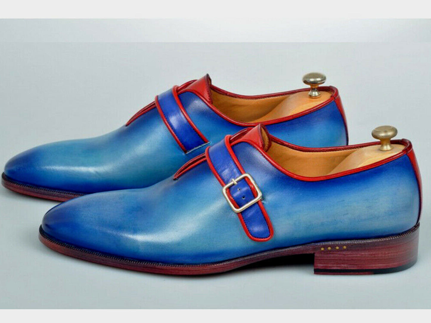 Handmade Blue Color Genuine Calf Leather Stylish Monk Strap Dress Shoes For Men's