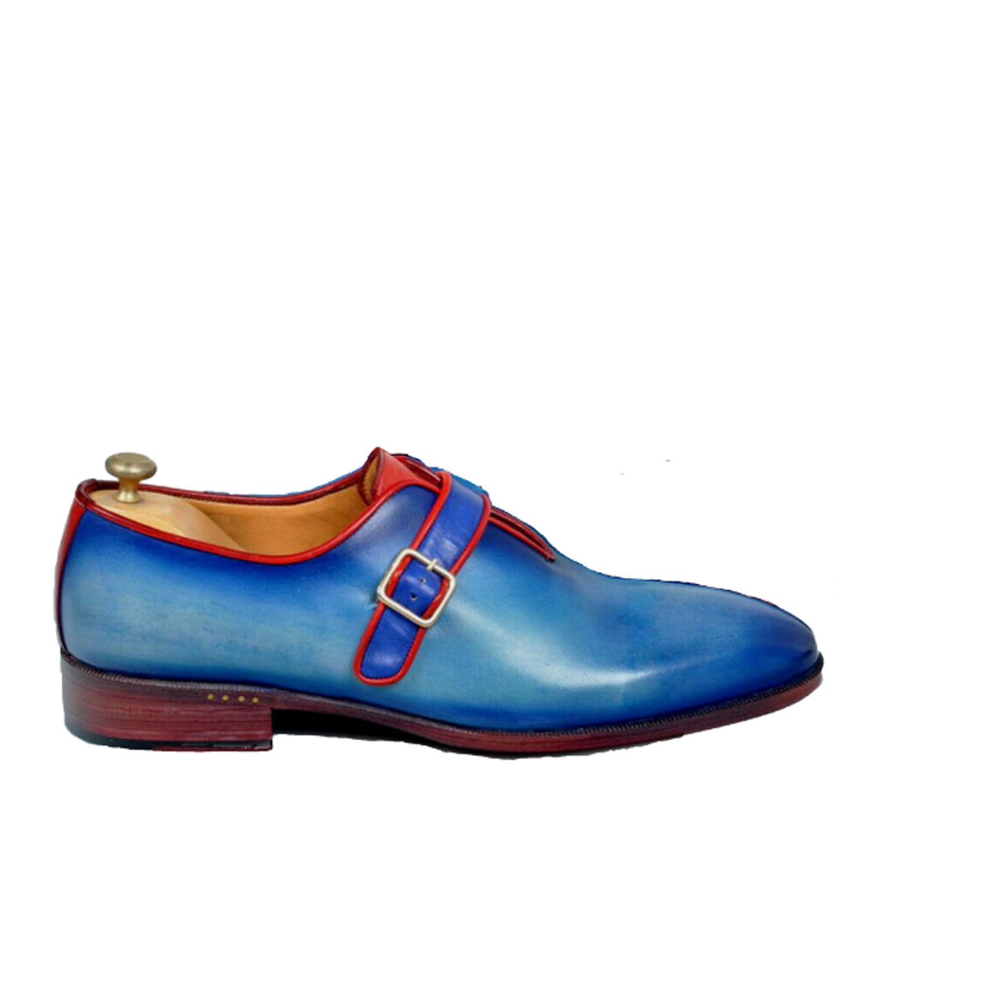 Handmade Blue Color Genuine Calf Leather Stylish Monk Strap Dress Shoes For Men's