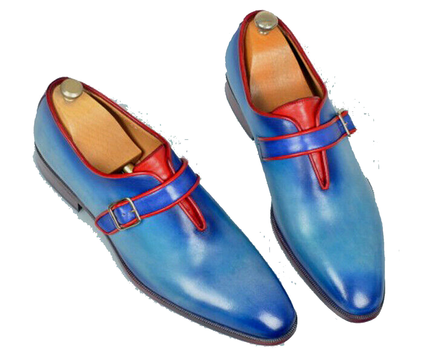 Handmade Blue Color Genuine Calf Leather Stylish Monk Strap Dress Shoes For Men's