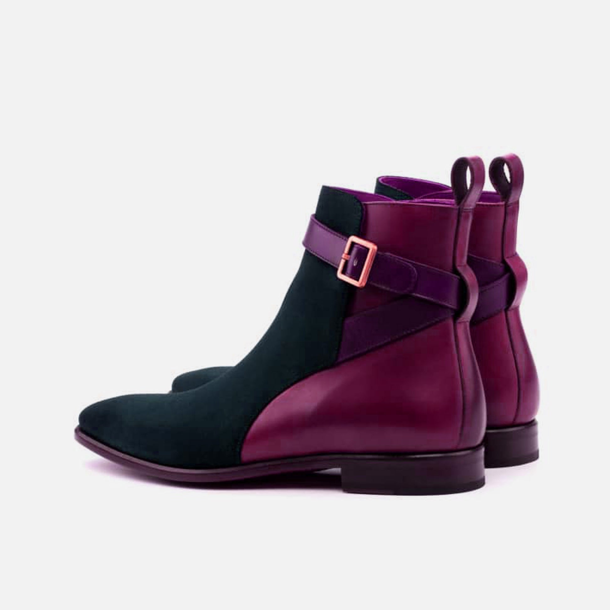 Handmade Navy Blue & Purple Color Genuine Calf Leather & Suede High Ankle Stylish Rounded Strap Jodhpurs Boots For Men's