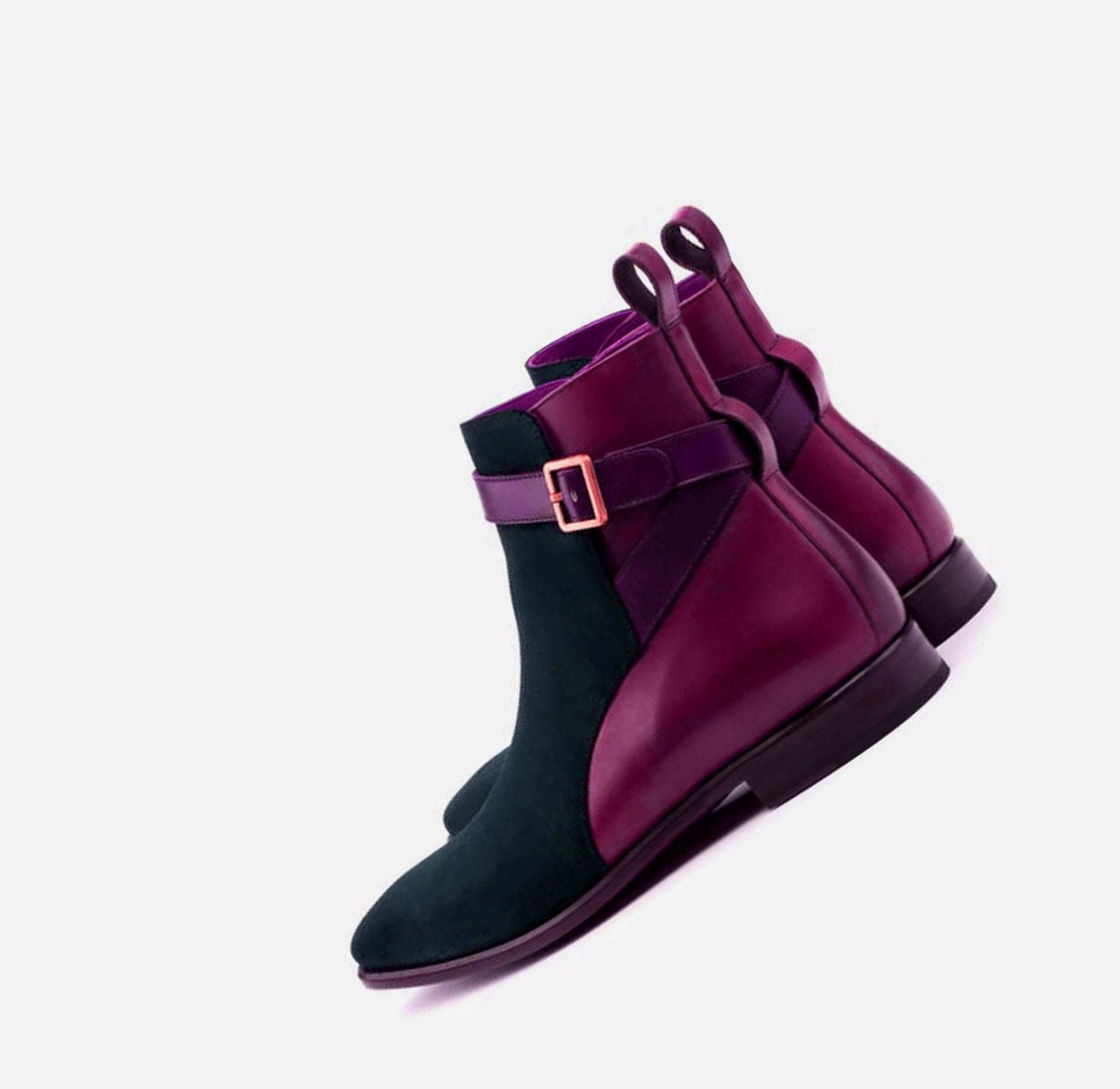 Handmade Navy Blue & Purple Color Genuine Calf Leather & Suede High Ankle Stylish Rounded Strap Jodhpurs Boots For Men's