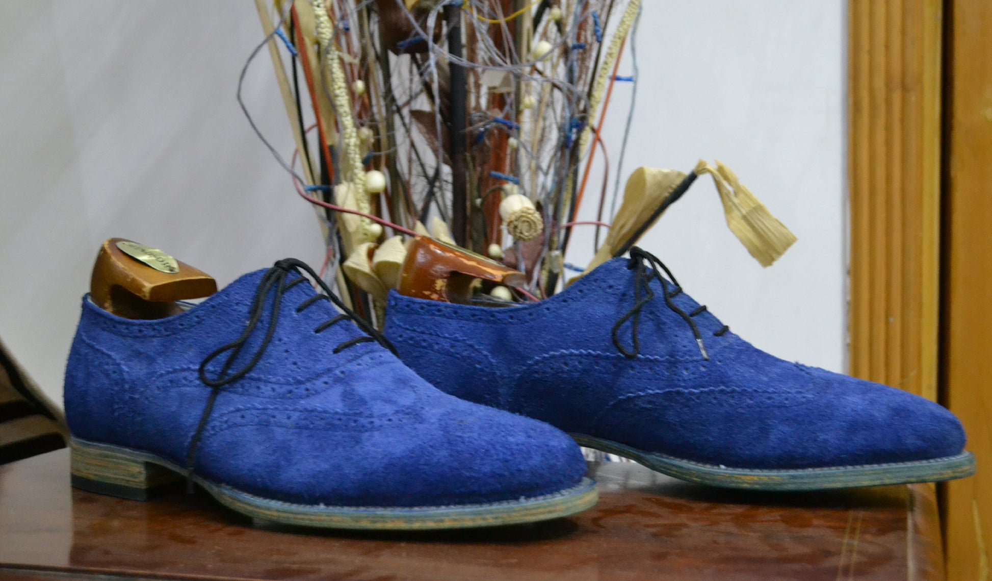 Handmade Blue Color Genuine Leather Brogue's Stylish Wing Tip Lace Up Oxfords Dress Shoes For Men's