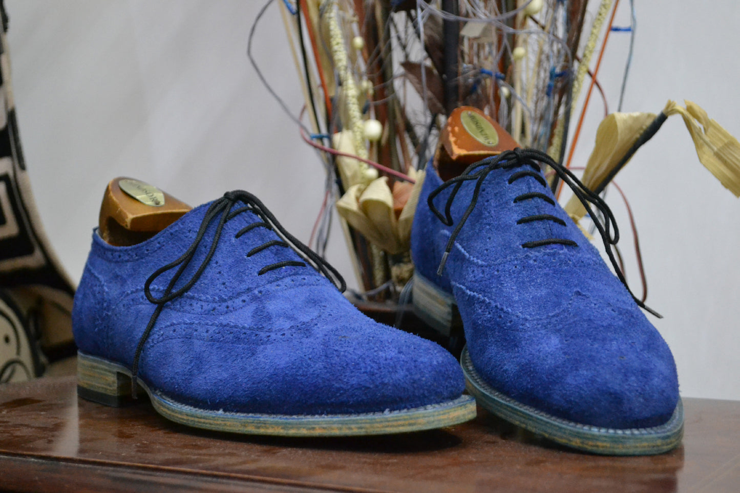 Handmade Blue Color Genuine Leather Brogue's Stylish Wing Tip Lace Up Oxfords Dress Shoes For Men's