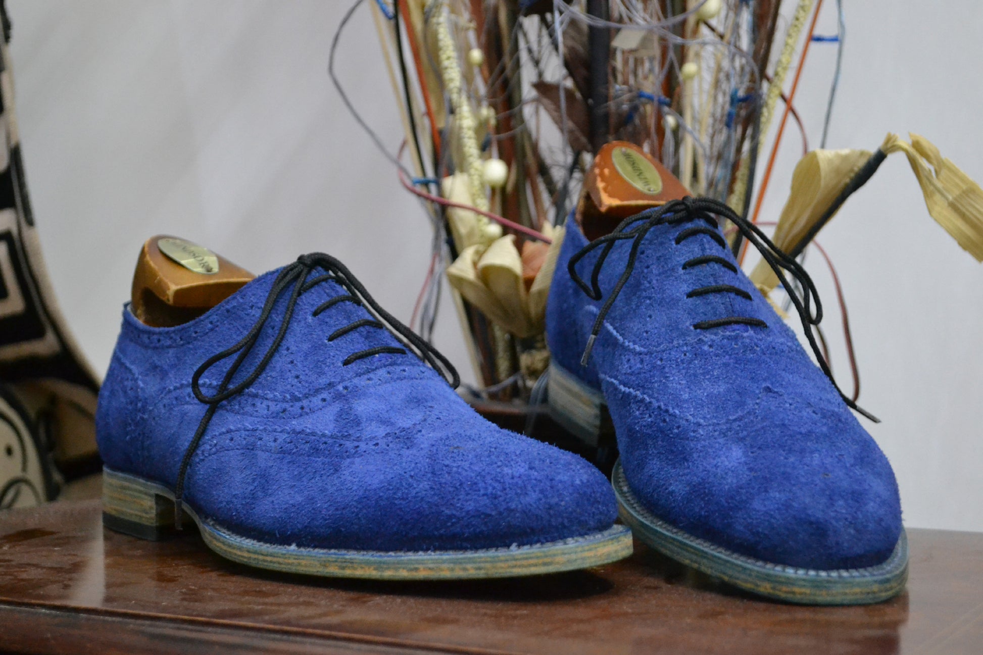 Handmade Blue Color Genuine Leather Brogue's Stylish Wing Tip Lace Up Oxfords Dress Shoes For Men's