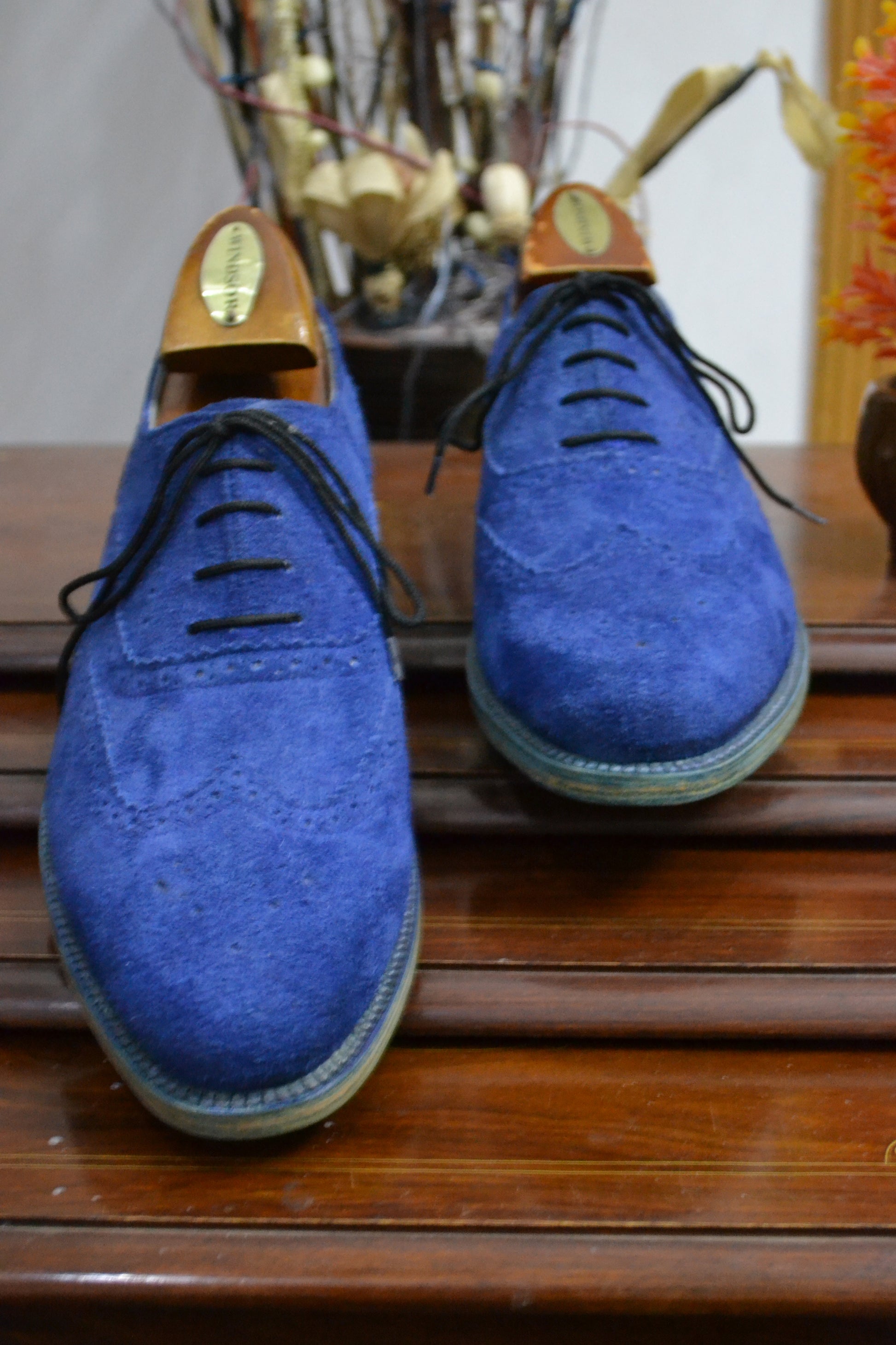 Handmade Blue Color Genuine Leather Brogue's Stylish Wing Tip Lace Up Oxfords Dress Shoes For Men's